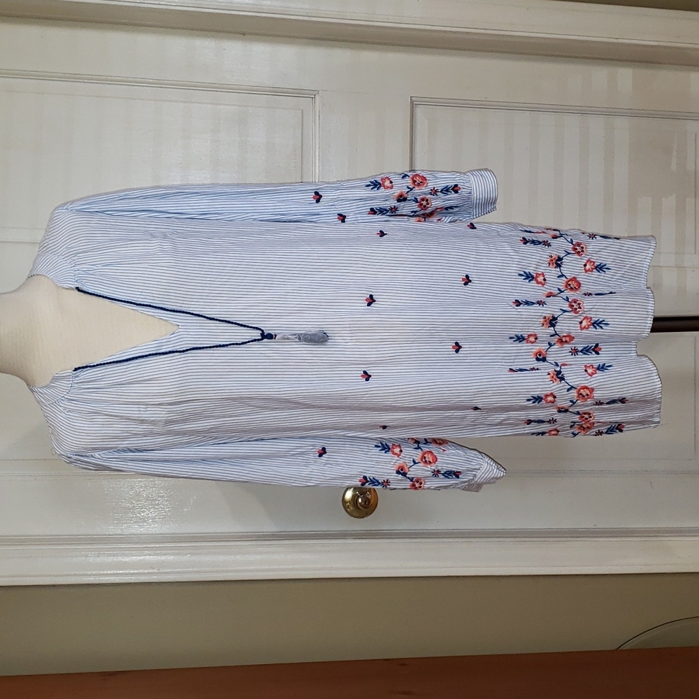 NWT H&M Oversized Long Sleeve Floral Embroidered Striped Tunic Dress, Size 0
